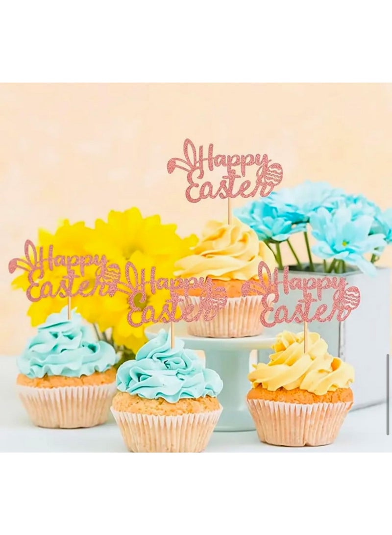6pcs Happy Easter Cupcake Cake Topper, Rose Gold Glitter Baking Decorating Festive Eastern Bunny Eggs Season Dessert Muffin Celebration Party Supplies Surprise Gift - Image 4